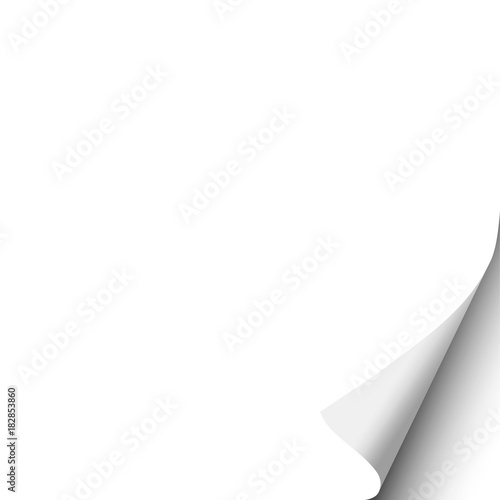 Vector white paper with curled lower right corner and soft shadow. Template design.