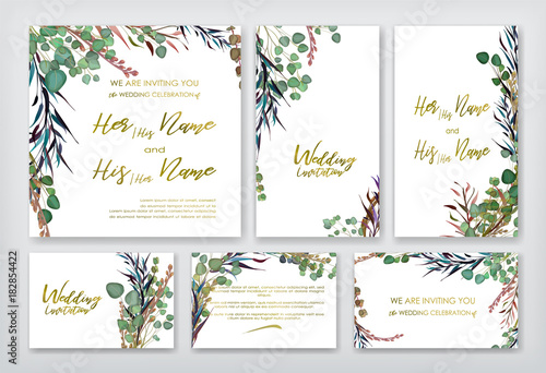 Wedding invitation frame set; flowers, leaves, watercolor, isolated on white. Sketched wreath, floral and herbs garland with green, greenery color. Handdrawn Vector Watercolour style, nature art. photo