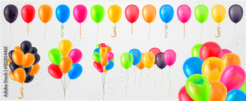 Collection of 3d realistic vector helium balloons (red, gold, yellow, purple, blue, green...) for birthday, party, celebration flying baloon design, isolated on transparent background, white. photo