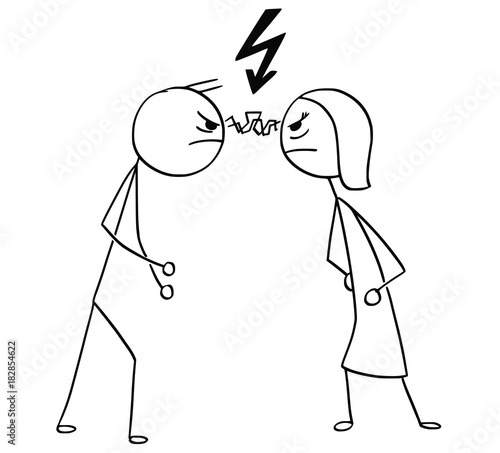 Vector Cartoon of man and Woman in Fight Anger with Lightning Bolt Flash Symbol