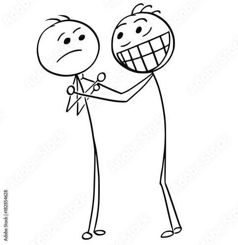Vector Cartoon of Man with Broad Grin Smile Giving Another Man Hug