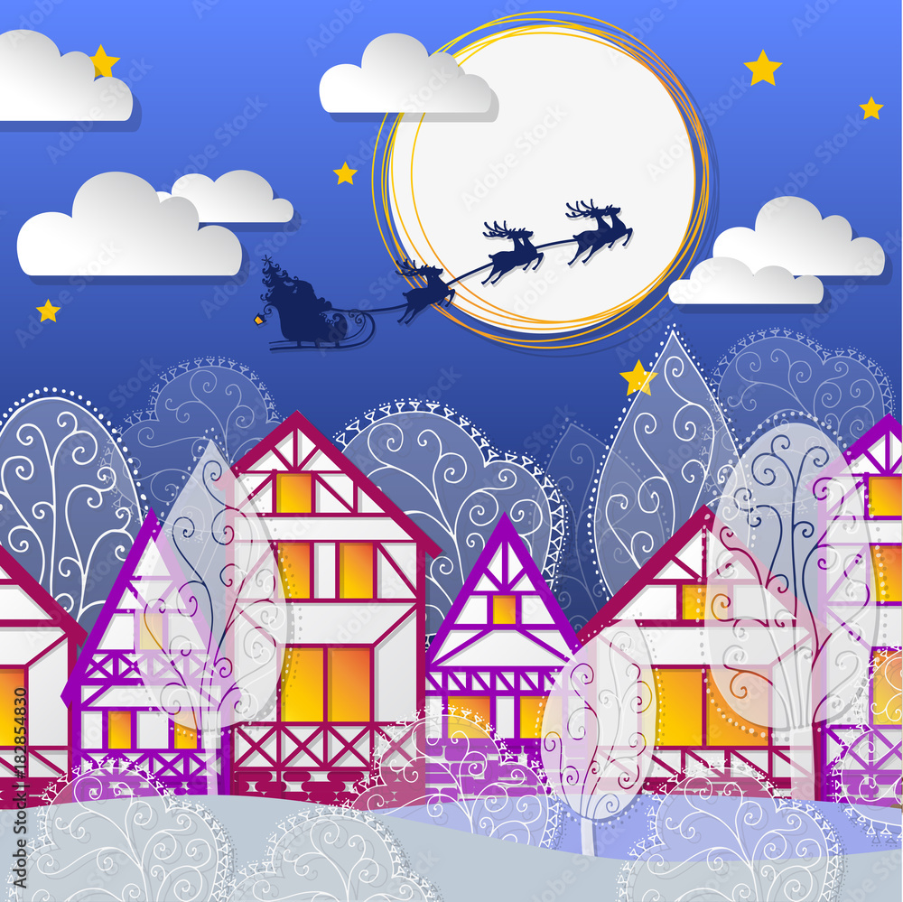 winter night background with houses and santa