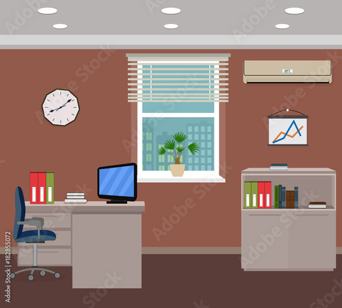 Office room interior design. Inside workplace with furniture, computer, clock, air conditioner and window. © generationclash