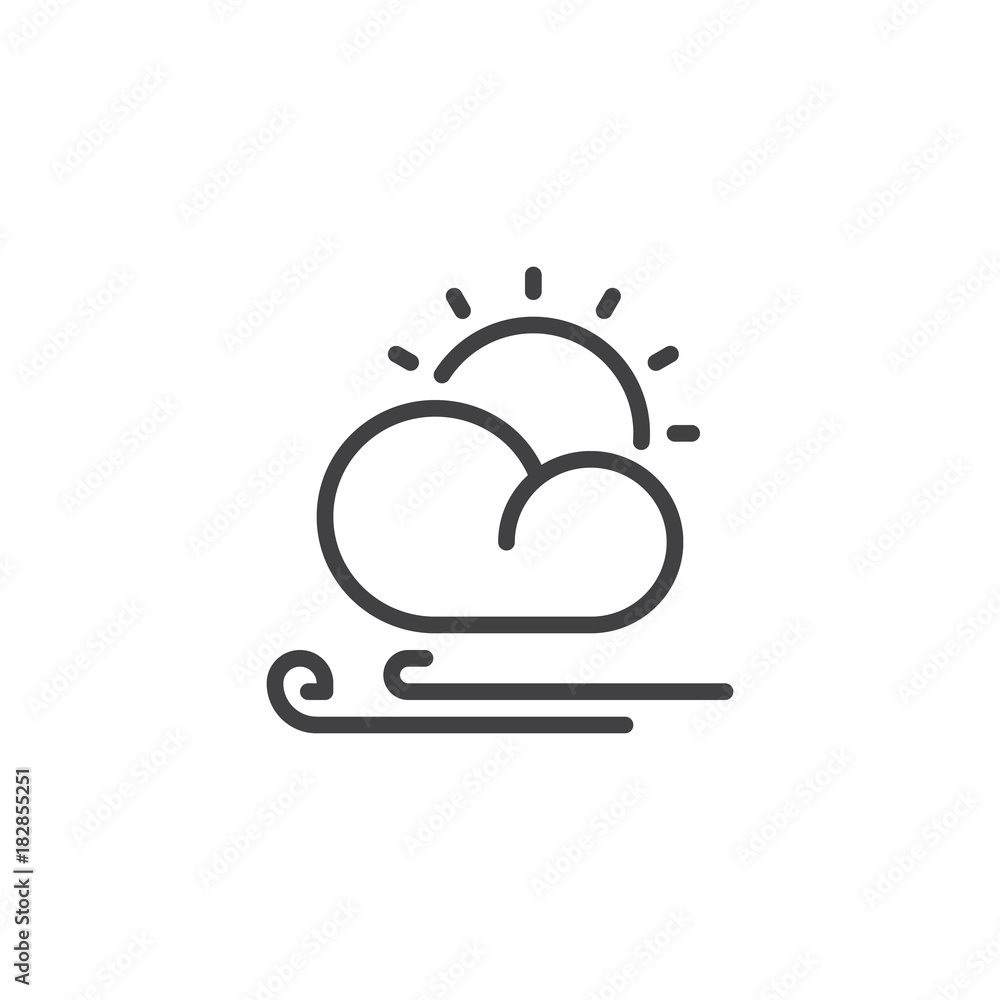 Sun cloud and wind line icon, outline vector sign, linear style pictogram isolated on white. Partly cloudy windy weather symbol, logo illustration. Editable stroke Sun cloud and wind line icon, outline vector sign, linear style pictogram isolated on white. Partly cloudy windy weather symbol, logo illustration. Editable stroke