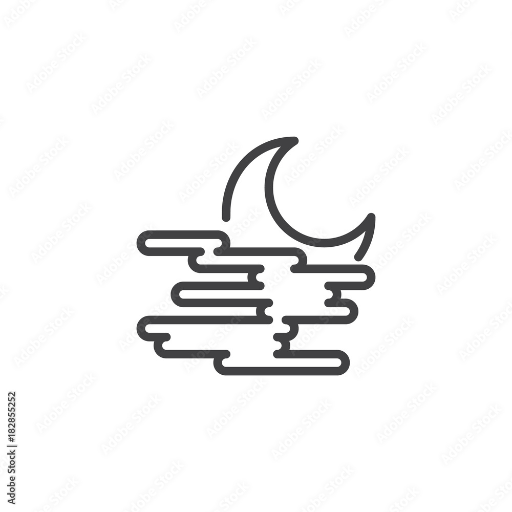 Crescent moon and fog line icon, outline vector sign, linear style ...