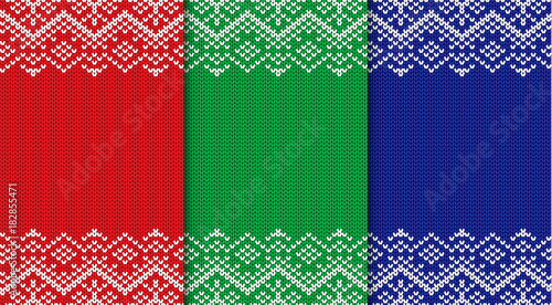 Three knitted christmas backgrounds. Set three colors seamless geometric ornament.