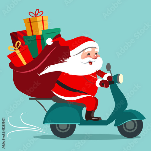 Vector cartoon illustration of happy Santa Claus with a gift sack riding a scooter. Christmas holiday theme design element for greeting cards, banners, ads in contemporary flat style.