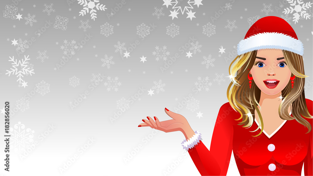Surprised Santa Girl, Christmas, Offer, Discount, Sale, New year, Snowflake, Snowing, Background Surprised Santa Girl, Christmas, Offer, Discount, Sale, New year, Snowflake, Snowing, Background