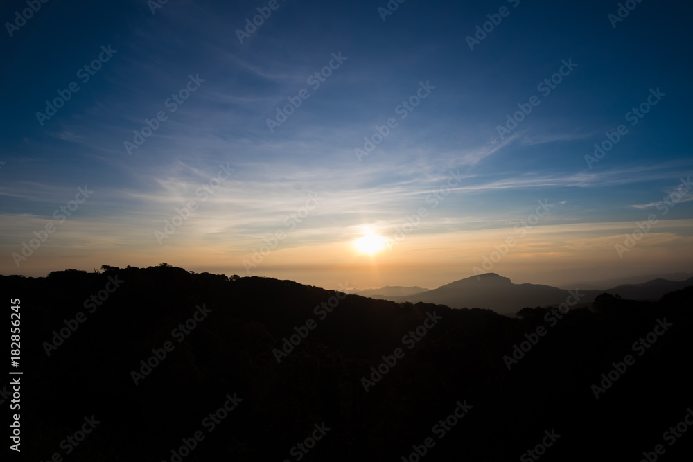 Sunrise in the morning and mountain views, Light at dawn, The color of the sky, Rising sun, Doi Inthanon, Chiangmai, Thailand.
