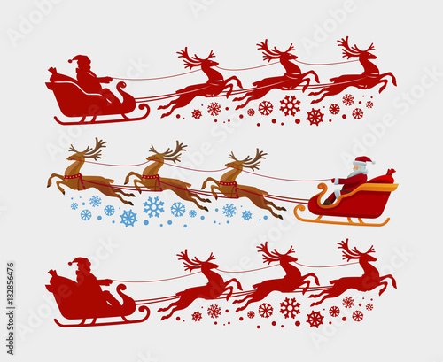 Santa Claus rides in sleigh pulled by reindeer. Christmas, xmas concept. Silhouette vector illustration