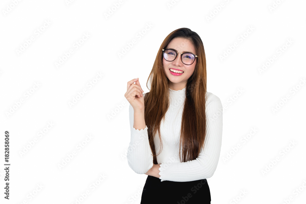 Smiling young business woman portrait in white long sleeve on white background Smiling young business woman portrait in white long sleeve on white background