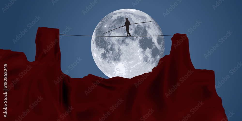 Fotografie Funambule - équilibre - lune - concept - clair de lune - challenge - corde - roc