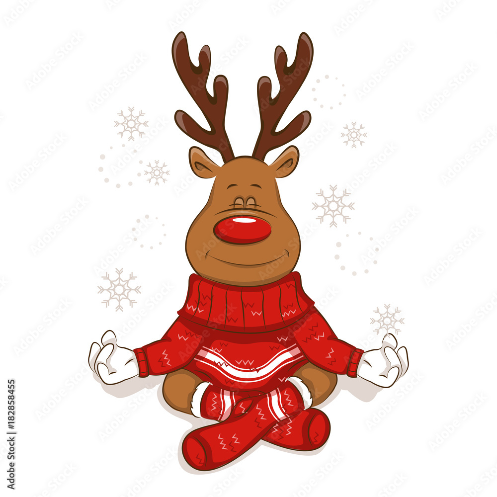 Naklejka premium A cute Christmas reindeer is engaged in yoga. Meditates. Lotus pose It's is wearing a warm knitted sweater and socks with ornament. Isolated. Vector for your design.