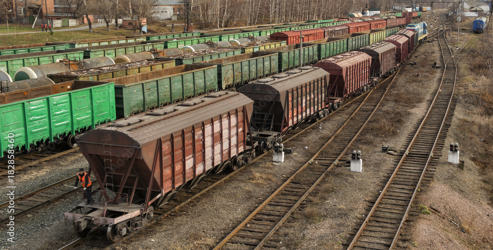 Obraz premium Wagony towarowe na stacji kolejowej. Terminal towarowy. Tło przemysłowe. Kazachstan (Ust-Kamenogorsk)