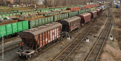 Freight wagons on railway station. Cargo terminal. Industrial background. Kazakhstan (Ust-Kamenogorsk)