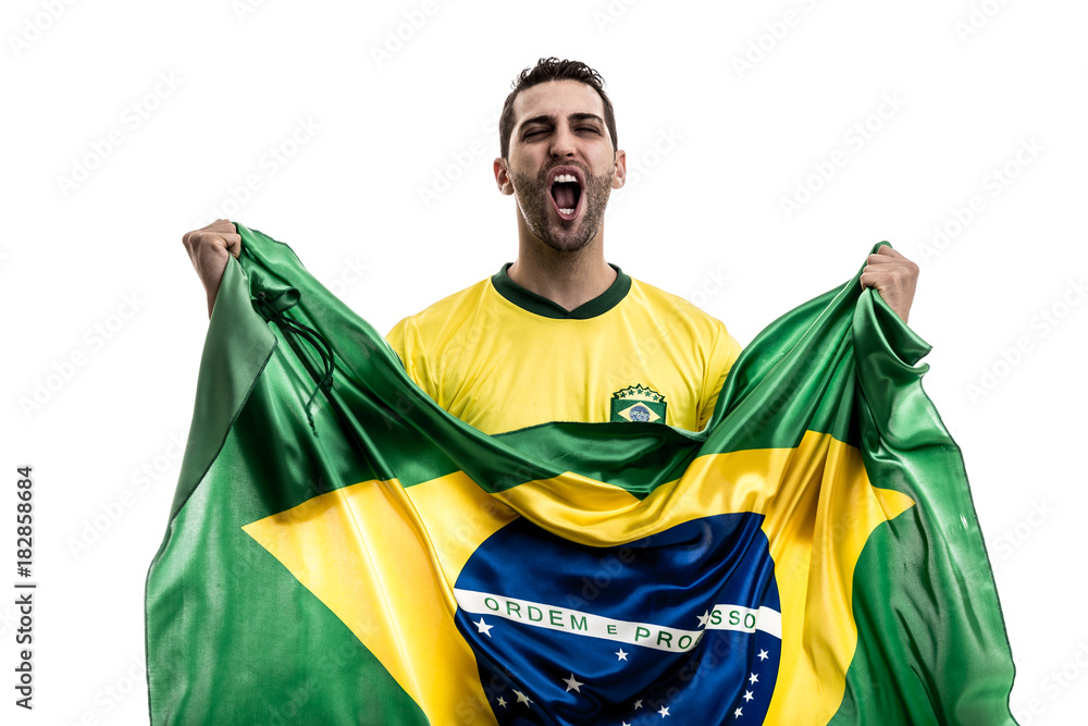 Obraz premium Brazilian fan celebrating on white background