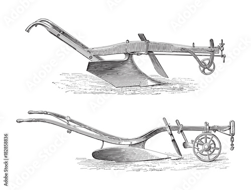 Old ploughs (above made in America, under made in England)/ vintage illustration