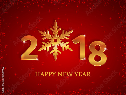 2018 Happy New Year golden 3d numbers with snowflake on the red Christmas background with falling snow, stars, and sparkles. Greeting card, postcard, invitation, banner template. Vector Illustration.