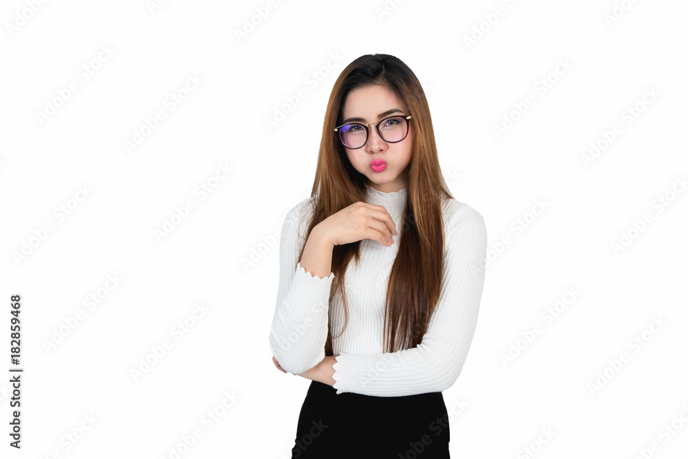 Happy young business woman portrait in white long sleeve on white background Happy young business woman portrait in white long sleeve on white background