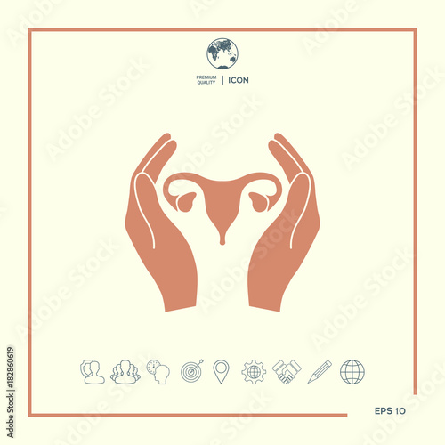 Hands holding Female uterus - protection icon