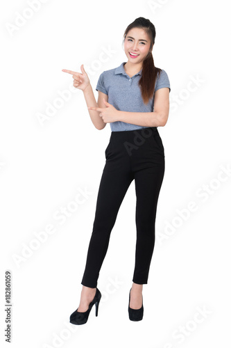 Smiling young woman in gray polo shirt on a white background