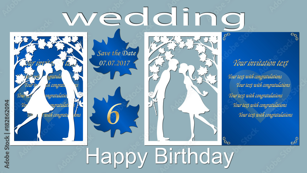 Vector illustration Postcard. Kiss. The invitation card and greeting card with the boy and the girl. Pattern for the laser cut. Trees, maple leaves. Rose, hearts. blue, white Vector illustration Postcard. Kiss. The invitation card and greeting card with the boy and the girl. Pattern for the laser cut. Trees, maple leaves. Rose, hearts. blue, white