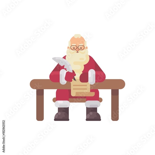 Santa Claus sitting at his desk writing a letter to a kid. Christmas character flat illustration
