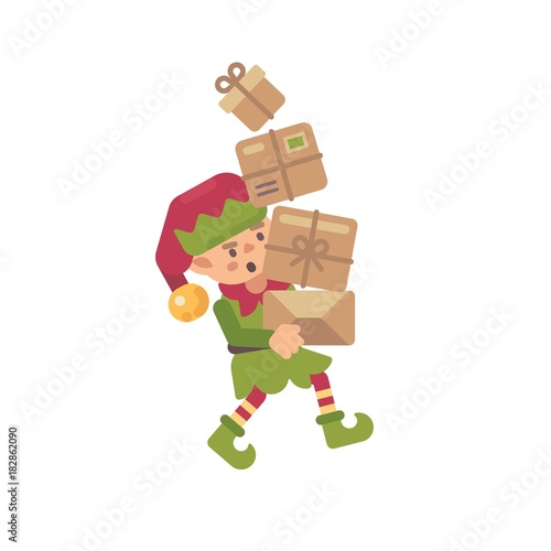 Cute busy Christmas elf carrying parcels with presents for kids. Holiday character flat illustration