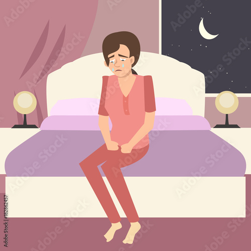 girl crying in the bedroom vector illustration