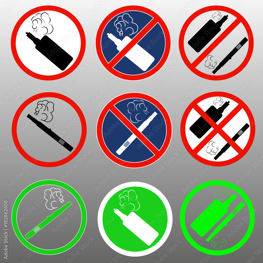 A set of signs with electronic cigarettes prohibition of soaring and a place for smoking A set of signs with electronic cigarettes prohibition of soaring and a place for smoking