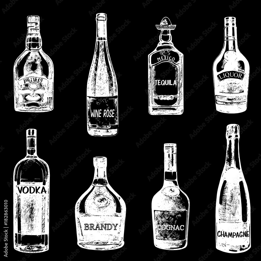 Booze Drawing Set of hand drawn sketch style bottles of alcohol. Vector illustration ...