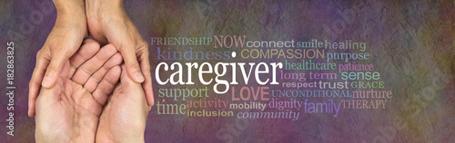 For all the wonderful Caregivers out there - female hands gently cupped around male cupped hands beside a CAREGIVER word cloud on a rustic stone background
 photo