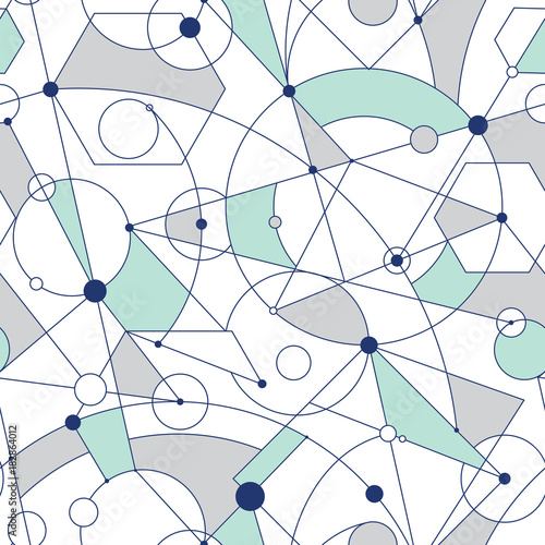 Grid seamless pattern with random geometric shapes and lines