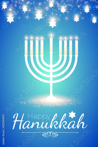 Happy Hanukkah Shining Background with Menorah, David Star and Bokeh Effect. Vector illustration
