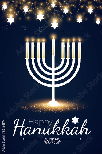 Happy Hanukkah Shining Background with Menorah, David Star and Bokeh Effect. Vector illustration