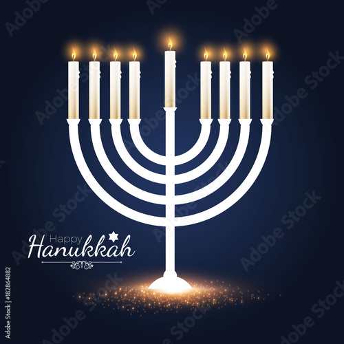 Happy Hanukkah Shining Background with Menorah, David Star and Bokeh Effect. Vector illustration