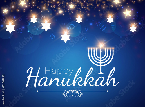Happy Hanukkah Shining Background with Menorah, David Star and Bokeh Effect. Vector illustration photo