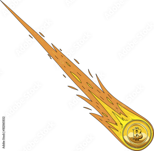 A cartoon bitcoin coin as a shooting star burning on fire as it falls back to earth.