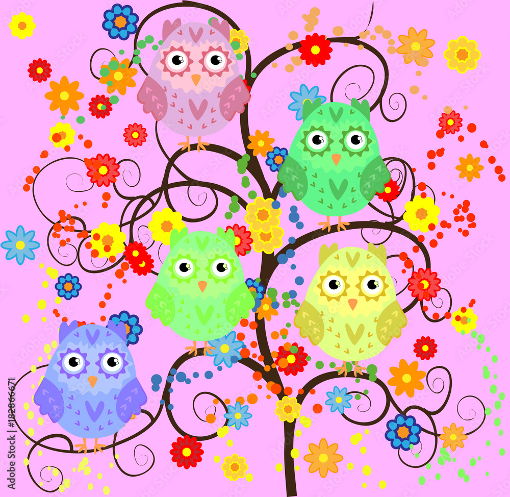 Bright cute cartoon owls sit on the flowering branches of fantastic trees Bright cute cartoon owls sit on the flowering branches of fantastic trees