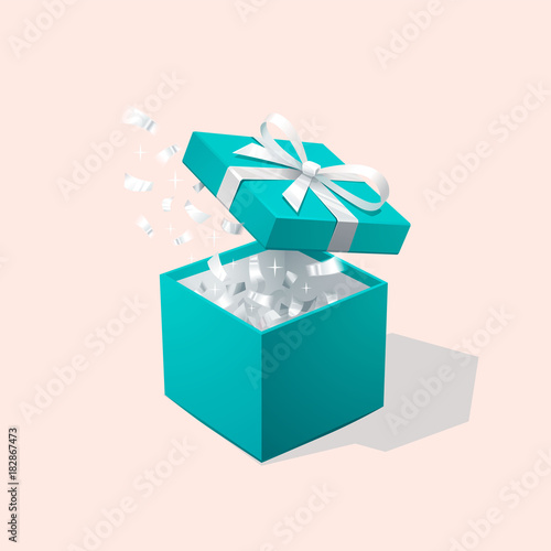 Open Red Gift Box and Confetti. Christmas Background. Vector Illustration.