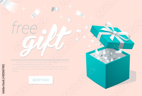 Promo banner with Open Gift Box and silver Confetti. Turquoise jewelry box. Template for cosmetics jewelry shops. Christmas Background.