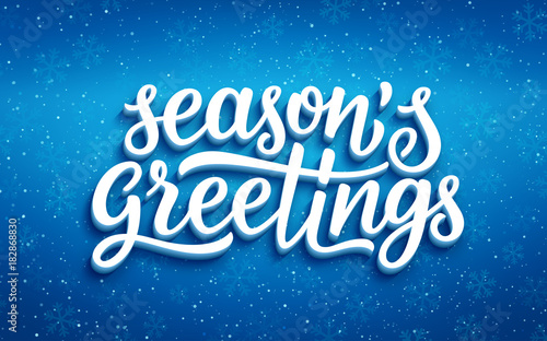 Seasons greetings lettering on blue blurry vector background with sparkles. Greeting card design template with 3D typography label