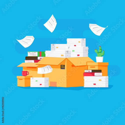 Pile of paper documents and file folders. Carton boxes. Bureaucracy, paperwork, office. Vector illustration