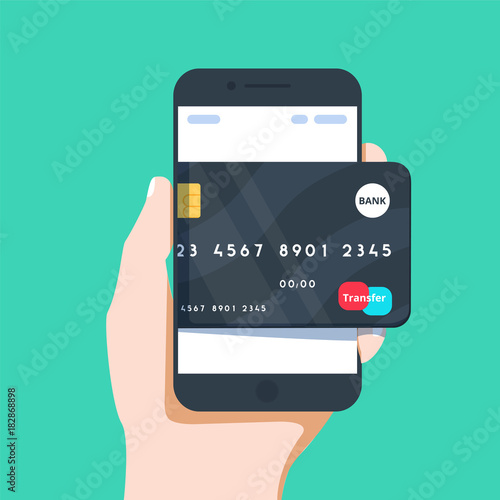 Vector business illustration of hand and mobile phone with credit card icon in flat style.