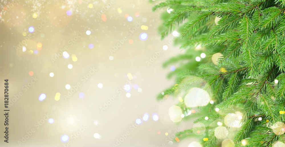 christmas background with fir tree, golden bokeh lights in bakground banner christmas background with fir tree, golden bokeh lights in bakground banner