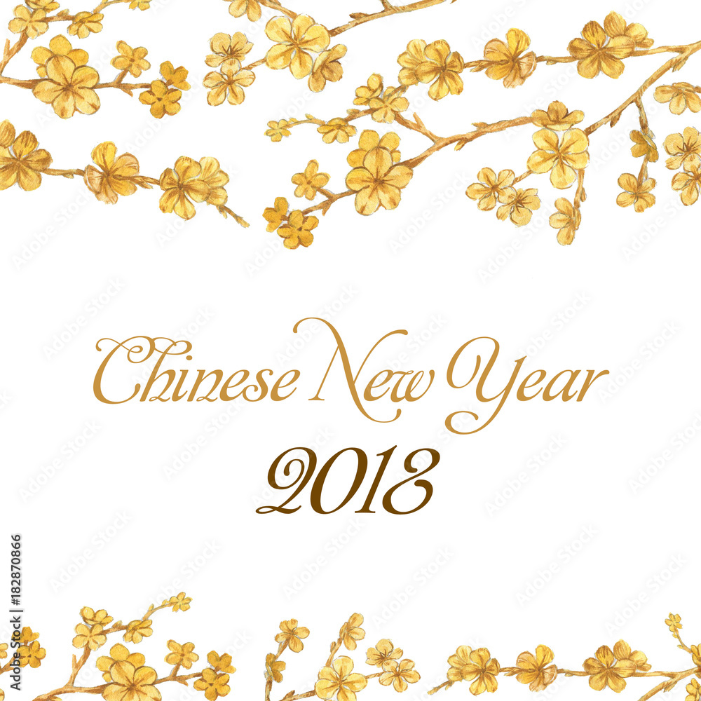 Hand-drawn watercolor illustration of the flowers isolated on the white background. Chinese New Year 2018. Greeting template Hand-drawn watercolor illustration of the flowers isolated on the white background. Chinese New Year 2018. Greeting template