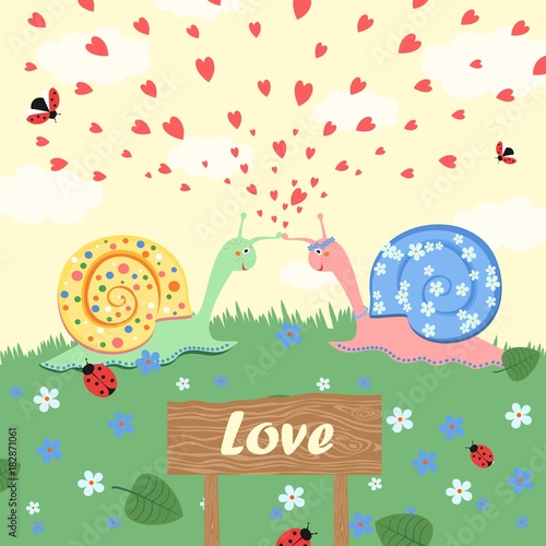 Love. Snails in love. Colorful cartoon  funny  cute snail . Valentine s day. Illustration for greeting card  banner  application
