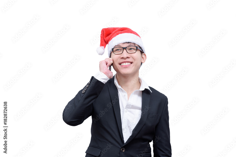 Business man has talking and smiling with Christmas festival themes isolated on white background. Business man has talking and smiling with Christmas festival themes isolated on white background.