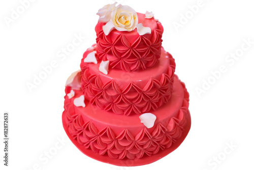 Colorful-large-red-cake-with-white-roses on white background