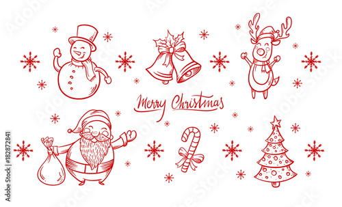 Conjunto de ilustraciones de navidad dibujadas a mano. Perfectas para invitaciones, tarjetas de saludos. Diseño de Feliz Navidad.